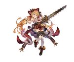  &gt;:) ankle_boots bare_shoulders black_footwear blonde_hair blue_eyes boots breasts chainsaw chainsword crazy_eyes crazy_smile cross-laced_footwear draph empty_eyes full_body granblue_fantasy grin hair_ornament hairclip hallessena hat holding horns knees_together_feet_apart lace-up_boots long_hair looking_at_viewer low_twintails medium_breasts minaba_hideo miniskirt official_art over-kneehighs plaid plaid_skirt pointy_ears red_skirt skirt smile solo thighhighs transparent_background twintails underboob underbust uneven_eyes v-shaped_eyebrows white_legwear 