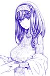  book breasts hairband highres hijiri_rei idolmaster idolmaster_cinderella_girls jewelry large_breasts long_hair looking_at_viewer monochrome necklace open_book ribbed_sweater sagisawa_fumika simple_background solo sweater traditional_media turtleneck turtleneck_sweater upper_body white_background 