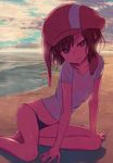  absurdres arm_support barefoot beach black_bikini_bottom breasts brown_hair character_request collarbone eyebrows hat highres kuroboshi_kouhaku leaning_to_the_side llenn_(sao) looking_at_viewer ocean outdoors pink_eyes see-through shirt short_hair sitting small_breasts solo sword_art_online sword_art_online_alternative:_gun_gale_online water wet wet_clothes wet_shirt white_shirt yokozuwari 