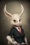  2016 anthro assasinmonkey big_ears clothed clothing female fur green_eyes hair lagomorph looking_at_viewer mammal rabbit shirt signature simple_background smile solo white_fur 
