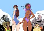 4boys ass ass_grab asymmetrical_hair backless_outfit d.va_(overwatch) glasses gorilla grabbing_another's_ass groping headphones izra lucio_(overwatch) multiple_boys multiple_girls o3o one-piece_swimsuit overwatch pinching reinhardt_(overwatch) smile sombra_(overwatch) source_quote swimsuit tongue tongue_out torbjorn_(overwatch) wedgie whisker_markings winston_(overwatch) 