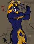  anthro bgn blue_body demon dialogue hairy holding_object horn invalid_tag male mammal muscular penis pubes solo uncut 