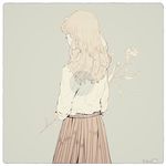  artist_name bad_id bad_pixiv_id blonde_hair eyelashes flower frame from_behind holding holding_flower long_hair original petals pleated_skirt signature simple_background skirt solo tofuvi 