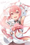  :d arm_up armpits bike_shorts blush choker elbow_gloves fist_pump gauntlets gloves hair_between_eyes hair_ornament hair_ribbon highres long_hair looking_at_viewer magical_girl michairu open_mouth pink_hair ponytail red_eyes ribbon round_teeth simple_background smile solo teeth upper_body white_background yuuki_yuuna yuuki_yuuna_wa_yuusha_de_aru yuusha_de_aru 