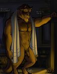  anthro balls beast_(disney) beauty_and_the_beast bgn body_hair depression dialogue disney flaccid hairy horn male mammal muscular nude penis pubes sad solo towel uncut 