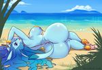  beach big_butt blue_eyes breasts butt clothing eeveelution female footwear glaceon high_heels liveforthefunk looking_back nintendo pok&eacute;mon seaside shoes swimsuit thick_thighs video_games 