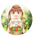  :d basket brown_eyes brown_hair carrot eggplant food kawamoto_hinata looking_at_viewer open_mouth outdoors pepper sangatsu_no_lion smile solo summer_worm twintails 