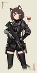  animal_ears brown_eyes brown_hair cat_ears cat_tail cowboy_shot deel_(rkeg) gun hair_ornament hairclip highres holding holding_gun holding_weapon holster military original rifle shorts simple_background sling solo tail thigh_holster thighhighs trigger_discipline weapon 