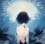  artist_name backless_dress backless_outfit bad_id bad_pixiv_id black_hair crescent_moon dress from_behind halterneck moon original signature solo sparkle stingray tofuvi underwater 