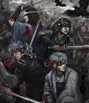  bad_id bad_pixiv_id battle bird black_hair blood blood_from_mouth blood_on_face bloody_clothes constricted_pupils crow gintama hat headband highres japanese_clothes katana katsura_kotarou male_focus medeakn motion_blur multiple_boys open_mouth sakamoto_tatsuma sakata_gintoki sword takasugi_shinsuke weapon 