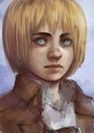  1boy armin_arlert blonde_hair blue_background blue_eyes highres male_focus medeakn nose portrait shingeki_no_kyojin solo 