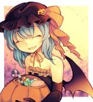  alternate_costume bat_wings candy candy_cane closed_eyes elbow_gloves fang food gloves halloween_basket halloween_costume hat hat_ribbon jack-o'-lantern mob_cap open_mouth remilia_scarlet ribbon smile solo tama_(soon32281) touhou wings 