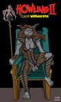  anthro bat breasts canine chair claws cleavage clothed clothing cybersix_(copyright) elaine_(cybersix) fangs female hair howling_(copyright) imp leather mammal pussy red_hair solo staff swift were werewolf yellow_eyes 