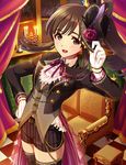  alternate_costume alternate_hairstyle arched_back bad_id bad_pixiv_id black_eyes black_hair black_legwear candle chiyunko_(rna-14-fei) couch eyebrows eyebrows_visible_through_hair gloves hand_on_headwear hand_on_hip hat headshop idolmaster idolmaster_cinderella_girls kobayakawa_sae leaning_back long_sleeves looking_at_viewer open_mouth purple_ribbon ribbon solo standing third-party_edit white_gloves 