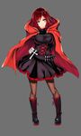  alternate_breast_size arms_behind_back black_dress black_footwear boots breasts brown_legwear cape contrapposto dress frilled_boots frills full_body grey_background grey_eyes head_tilt large_breasts looking_at_viewer only_haruka pantyhose red_cape red_hair ruby_rose rwby short_dress short_hair simple_background solo standing 
