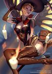  alternate_costume breasts broom broom_riding candle cleavage floating large_breasts looking_at_viewer mercy_(overwatch) overwatch realistic sidesaddle solo witch witch_mercy zumi_(zumidraws) 