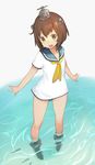  :d ankle_boots bare_legs black_swimsuit blush boots brown_eyes brown_hair collarbone eyebrows eyebrows_visible_through_hair fish headgear kantai_collection keemu_(occhoko-cho) looking_down neckerchief open_mouth sailor_collar shirt short_hair short_sleeves silhouette simple_background smile solo standing swimsuit swimsuit_under_clothes tareme wading water white_background white_shirt yukikaze_(kantai_collection) 
