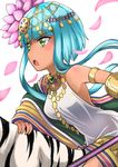  aqua_hair armlet dark_skin dress facial_mark flower forehead_mark green_eyes hair_flower hair_ornament highres jewelry lotus necklace open_mouth parvati_(p&amp;d) petals polearm puzzle_&amp;_dragons riding short_hair_with_long_locks simple_background solo tiger weapon white_background white_dress yosaku_(y00o13o) 