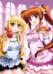  :d absurdres apron bardiche blonde_hair blush bottle brown_hair character_name fate_testarossa food frills fujima_takuya highres holding holding_bottle holding_hands holding_plate indoors interlocked_fingers ketchup ketchup_bottle long_hair looking_at_viewer lyrical_nanoha mahou_shoujo_lyrical_nanoha_strikers multiple_girls official_art omelet omurice open_mouth plate polka_dot polka_dot_apron purple_eyes raising_heart red_eyes scan side_ponytail skirt sleeveless smile standing takamachi_nanoha thighhighs very_long_hair zettai_ryouiki 