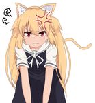  &gt;:( @ anger_vein angry animal_ears bangs blonde_hair blush bokota_(bokobokota) breasts cat_ears cat_tail closed_mouth collarbone eyebrows eyebrows_visible_through_hair fang_out frown highres leaning_forward long_hair looking_at_viewer original red_eyes ribbon sailor_collar short_sleeves simple_background small_breasts solo tail twintails upper_body v-shaped_eyebrows v_arms white_background white_ribbon 