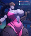  1girl artist_name blue_hair blue_skin bodysuit breasts cleavage curvy head_mounted_display huge_breasts joraglove long_hair overwatch parted_lips patreon ponytail smile snow solo teeth thick_thighs web_address wide_hips widowmaker_(overwatch) yellow_eyes 