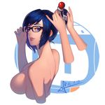  2016 adjusting_eyewear black-framed_eyewear blue_eyes blue_hair blue_nails d.va_(overwatch) dated from_above from_side glasses hair_bun hair_ornament hair_stick hairdressing looking_at_viewer looking_to_the_side mei_(overwatch) nail_polish nude overwatch parted_lips pink_nails red_lips short_hair solo_focus squidsmith upper_body 