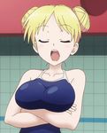  1girl animated animated_gif bakuon!! blonde_hair bouncing_breasts breasts eyes_closed hair_bun hair_ornament large_breasts open_mouth short_hair solo suzuki_(company) suzunoki_rin swimsuit tied_hair upper_body 