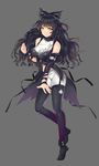  black_bow black_hair black_legwear blake_belladonna bow breasts breasts_apart floating_hair garter_straps grey_background hair_bow large_breasts long_hair looking_at_viewer midriff only_haruka parted_lips rwby shorts simple_background solo stomach thighhighs white_shorts yellow_eyes 