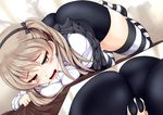  blush breast_press breasts brown_eyes brown_hair girls_und_panzer hair_ribbon hairband masturbation masturbation_through_clothing open_mouth ribbon shimada_arisu short_hair small_breasts solo striped striped_legwear thighhighs twintails wavy_mouth yottan 