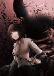  ajin_(sakurai_gamon) bandages black_hair black_pants breasts brown_eyes dress_shirt galecoroco highres ibm_(ajin) large_breasts looking_at_viewer mole mole_under_eye open_mouth pants red_eyes shimomura_izumi shirt short_hair solo spoilers 