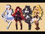  ahoge alternate_breast_size arms_behind_back black_bow black_dress black_hair black_legwear blake_belladonna blonde_hair blue_dress blue_eyes boots bow breasts breasts_apart brown_legwear cape capelet cleavage collarbone commentary_request contrapposto dress eyebrows_visible_through_hair floating_hair frilled_boots frills full_body garter_straps grey_eyes hair_bow head_tilt high_ponytail highres jewelry large_breasts long_hair looking_at_viewer medium_breasts midriff multiple_girls necklace only_haruka pantyhose parted_lips purple_eyes red_cape red_hair ruby_rose rwby scar scar_across_eye short_dress short_hair shorts silver_hair standing stomach thighhighs very_long_hair weiss_schnee white_shorts yang_xiao_long yellow_eyes 