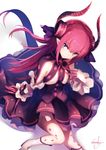  &gt;:) bangs black_dress blue_eyes boots closed_mouth commentary_request curled_horns dress elizabeth_bathory_(fate) elizabeth_bathory_(fate)_(all) fate/extra fate/extra_ccc fate_(series) hair_ribbon kyouya_(mukuro238) long_hair looking_at_viewer petticoat pink_hair pointy_ears purple_ribbon ribbon sidelocks signature smile solo tail v-shaped_eyebrows white_background white_footwear wrist_cuffs 