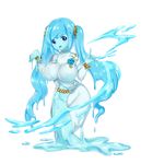  blue_eyes blue_hair blue_skin breasts commentary_request dripping fox_shadow_puppet gold_trim goo_girl highres large_breasts looking_at_viewer meisuke_mei monster_girl open_mouth original slime solo transparent twintails 