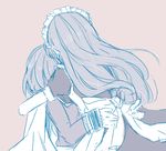  1boy 1girl apron cape dress frills hug leon_magnus long_hair maid_headdress marian monochrome short_hair tales_of_(series) tales_of_destiny 