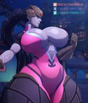  1girl artist_name blue_hair blue_skin bodysuit cleavage curvy head_mounted_display joraglove long_hair overwatch parted_lips ponytail solo teeth web_address widowmaker_(overwatch) yellow_eyes 