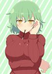  blush breast_hold breasts commentary_request food food_in_mouth green_hair hair_tucking highres hikage_(senran_kagura) ichiryuu_tsumiki impossible_clothes large_breasts looking_at_viewer mouth_hold parted_lips pocky ribbed_sweater senran_kagura short_hair slit_pupils solo striped striped_background sweater turtleneck turtleneck_sweater upper_body yellow_eyes 