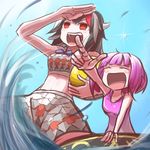  alternate_hair_color alternate_hairstyle bangs blunt_bangs closed_eyes commentary_request covering_face day highres kijin_seija laughing no_pupils ocean one-piece_swimsuit open_eyes open_mouth peroponesosu. pink_hair pointing sky smile sparkle sukuna_shinmyoumaru sunlight surfing swimsuit touhou waves 