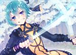  1boy armor blue_eyes clenched_teeth green_hair headband open_mouth short_hair snow spada_belforma sword tales_of_(series) tales_of_innocence weapon 