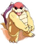  anthro barefoot eyewear featureless_crotch flexing high-angle_view hisashino koopa koopaling looking_at_viewer mario_bros musclegut nintendo nude open_mouth pinup pose roy_koopa scalie shell sunglasses tongue tongue_out vein video_games 