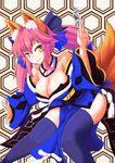  animal_ears blue_legwear bow breasts cleavage collarbone detached_sleeves fate/extra fate_(series) fox_ears fox_tail hair_bow hair_ribbon japanese_clothes large_breasts looking_at_viewer pink_hair ribbon solo tail tamamo_(fate)_(all) tamamo_no_mae_(fate) tetsuhige thighhighs yellow_eyes 