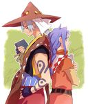  1boy 1girl blue_eyes blue_hair book braid dress eyes_closed fingerless_gloves grey_hair hat klarth_lester long_hair milard_rune pants short_hair tales_of_(series) tales_of_phantasia tattoo 