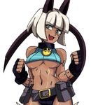  animal_humanoid belt blue_eyes booty_shorts breasts cat_humanoid cleavage clothed clothing collar dark_skin feline female fingerless_gloves gloves hair humanoid mammal nadia_fortune pouch satsuki-udon scar simple_background skullgirls under_boob white_background white_hair 