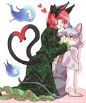  animal_ears blush capelet cat_ears cat_tail check_commentary commentary commentary_request dress green_dress grey_dress grey_hair hair_ribbon hand_on_another's_face heart heart_tail highres hitodama jewelry kaenbyou_rin licking_lips long_sleeves mana_(tsurubeji) mouse_ears mouse_tail multiple_girls multiple_tails nail_polish nazrin necklace pointy_ears red_eyes red_hair ribbon simple_background skull sweat tail tongue tongue_out touhou two_tails you_gonna_get_eaten yuri 