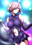  ahoge armor armored_dress bare_shoulders black_gloves breasts commentary_request cowboy_shot elbow_gloves fate/grand_order fate_(series) gloves hair_over_one_eye highres ka2 large_breasts lavender_hair looking_at_viewer mash_kyrielight midriff navel parted_lips purple_eyes shield short_hair smile solo 