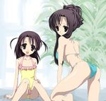  all_fours ass back barefoot bikini black_hair breasts flat_chest frilled_swimsuit frills grey_eyes hair_bobbles hair_ornament hair_up katsura_kokoro katsura_kotonoha large_breasts long_hair looking_back multiple_girls one-piece_swimsuit plant purple_eyes school_days short_hair short_twintails side-tie_bikini sitting smile swimsuit twintails unchi2009 underboob window 