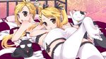  :3 atop bed bell bell_collar blonde_hair bloomers brown_eyes buna-shimeji_(lemon) camisole cat collar feet frilled_legwear frills hair_ornament hair_ribbon hairclip highres jingle_bell kirishima_akari kirishima_kotone lingerie long_hair lying multiple_girls noir_(nyan_koi) nyan_koi! on_stomach ribbon siblings sisters tama_(nyan_koi) thighhighs twins twintails underwear 