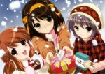  asahina_mikuru braid brown_hair chocolate chocolate_heart deredere gift heart highres holding holding_gift ikeda_shouko long_sleeves multiple_girls nagato_yuki scarf short_hair snowing suzumiya_haruhi suzumiya_haruhi_no_yuuutsu valentine 