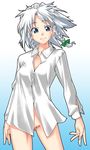  bottomless braid dress_shirt gengorou izayoi_sakuya no_panties shirt short_hair silver_hair solo touhou twin_braids 