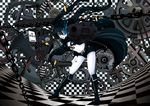  bikini_top black_hair black_rock_shooter black_rock_shooter_(character) blue_eyes boots burning_eye chain checkered checkered_floor coat cross gears gun highres long_hair midriff navel pale_skin rifle satou_samu scar shell_casing shorts solo star twintails weapon 