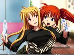  blonde_hair blue_eyes breasts dish dishwashing fate_testarossa fukurou hug hug_from_behind large_breasts lyrical_nanoha mahou_shoujo_lyrical_nanoha_strikers multiple_girls open_mouth red_eyes red_hair shirt side_ponytail smile sponge striped striped_shirt surprised takamachi_nanoha taut_clothes taut_shirt 